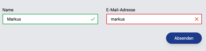 Screenshot eines fiktives Webformulars: Name (Inhalt: Markus) und E-Mail-Adresse (Inhalt: markus). Ein grüner (korrekt) und roter (falsch) Rahmen sollen korrekte und fehlerhafte Eingaben anzeigen.