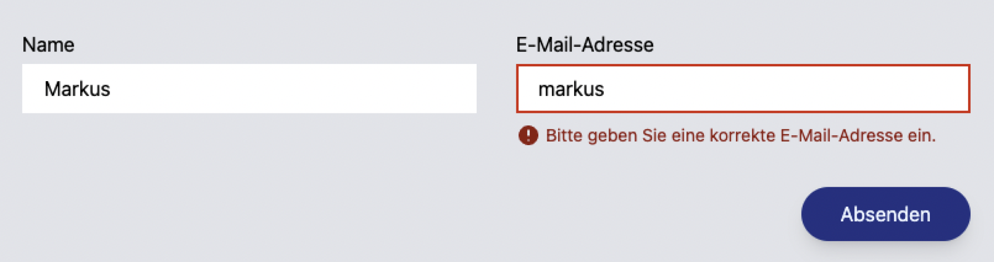 Screenshot eines fiktives Webformulars: Name und E-Mail-Adresse. Unter dem E-Mail-Adresse-Feld der Hinweis 
