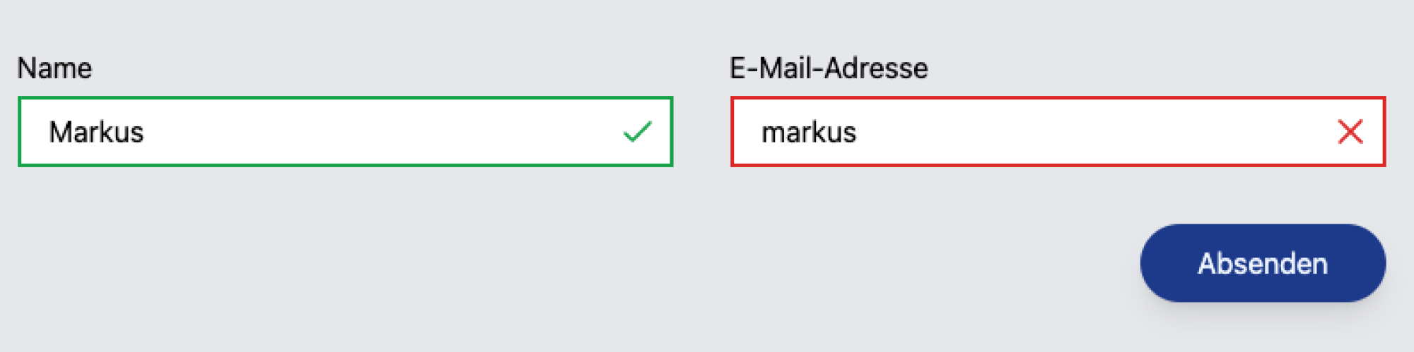 Screenshot eines fiktives Webformulars: Name (Inhalt: Markus) und E-Mail-Adresse (Inhalt: markus). Ein grüner (korrekt) und roter (falsch) Rahmen sollen korrekte und fehlerhafte Eingaben anzeigen.